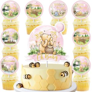 classic winnie cake toppers for babyshower newborn baby kids 1st birthday party supplies watercolor with pink balloon the pooh theme cup cake toppers for cake dessert table decor 13pc