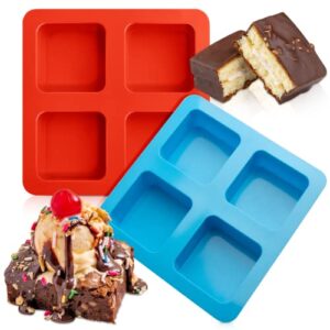 silicone brownie pan - 2 pcs 4-cavity non-stick square baking molds, perfect for chocolate covered, cornbread, s'mores, muffin and cakes, air fryer accessories