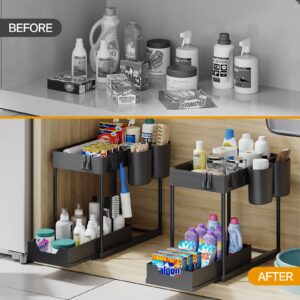 TCHCWYS Under Sink Organizers and Storage 2 Pack, 2 Tier Sliding Under Sink Organizer with Hooks and Hanging Cups Large Size, Multi-Purpose Bathroom Storage, Cabinet Organizer for Home Organization