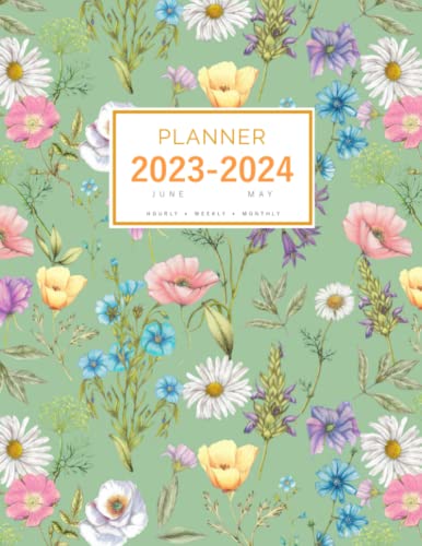 Planner June 2023-2024 May: 8.5 x 11 Large Notebook Organizer with Hourly Time Slots | Herb Wildflower Garden Design Green