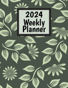 2024 weekly planner with neutral cover: 8.5 x 11, 108 pages, basic layout in this pretty organizer that has a leaf and bloom design on the cover.