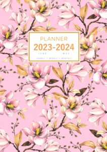 planner june 2023-2024 may: a4 large notebook organizer with hourly time slots | watercolor magnolia flower design pink
