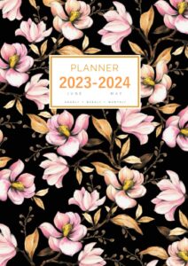 planner june 2023-2024 may: a4 large notebook organizer with hourly time slots | watercolor magnolia flower design black