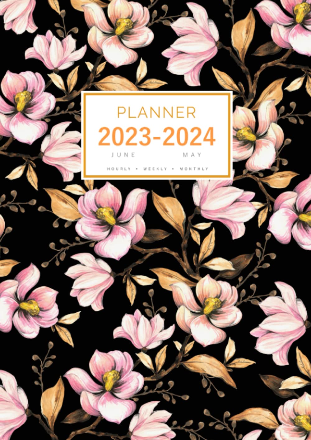 Planner June 2023-2024 May: A4 Large Notebook Organizer with Hourly Time Slots | Watercolor Magnolia Flower Design Black