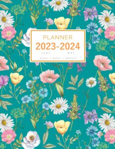 planner june 2023-2024 may: 8.5 x 11 large notebook organizer with hourly time slots | herb wildflower garden design teal