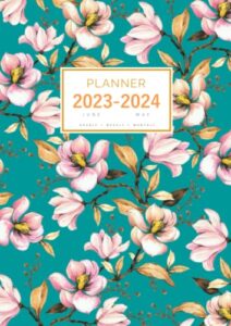 planner june 2023-2024 may: a4 large notebook organizer with hourly time slots | watercolor magnolia flower design teal