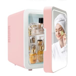 portable mini fridge for skincare and makeup - 4l cooler or warmer with lighted glass surface for bedroom or vanity - pink