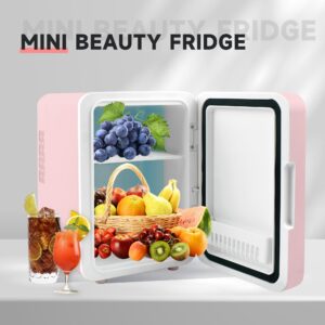 Portable Mini Fridge for Skincare and Makeup - 4L Cooler or Warmer with Lighted Glass Surface for Bedroom or Vanity - Pink