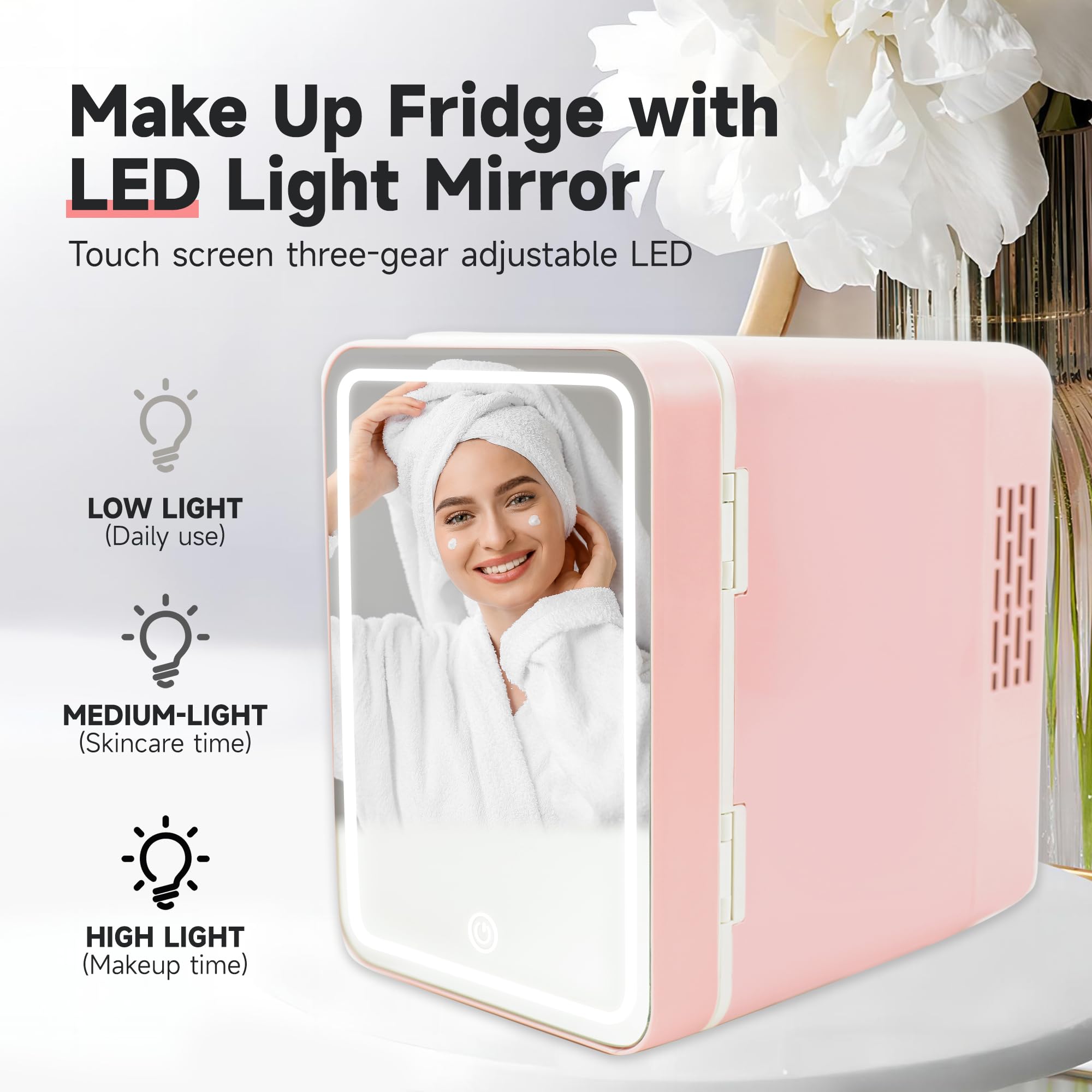 Portable Mini Fridge for Skincare and Makeup - 4L Cooler or Warmer with Lighted Glass Surface for Bedroom or Vanity - Pink