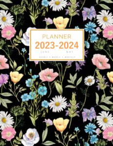planner june 2023-2024 may: 8.5 x 11 large notebook organizer with hourly time slots | herb wildflower garden design black