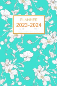 planner june 2023-2024 may: 6x9 medium notebook organizer with hourly time slots | hand-drawn blossom apple flower design turquoise