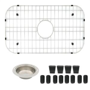yorzsdi sink protectors for kitchen sink, 26-1/8" x 14-1/4" stainless steel sink grid with center drain, 304 stainless steel sink protector with sink strainer and protective rubber feet