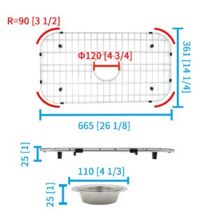 YORZSDI Sink Protectors for Kitchen Sink, 26-1/8" x 14-1/4" Stainless Steel Sink Grid with Center Drain, 304 Stainless Steel Sink Protector with Sink Strainer and Protective Rubber Feet