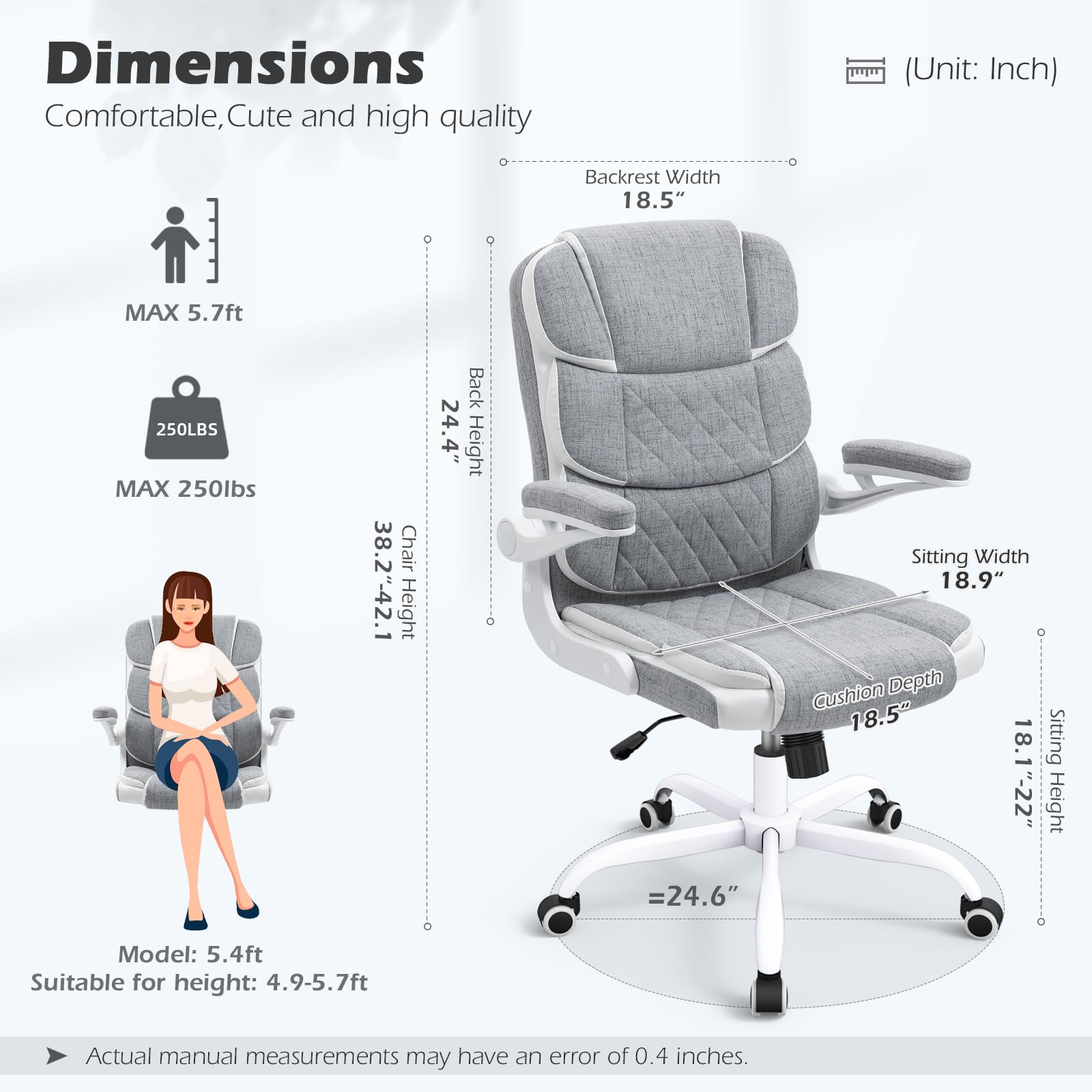 SEATZONE Home Office Desk Chairs Grey Linen Fabric Executive Office Chair with Wheels and Arms Comfortable Ergonomic Desk Chair for Adults and Teens