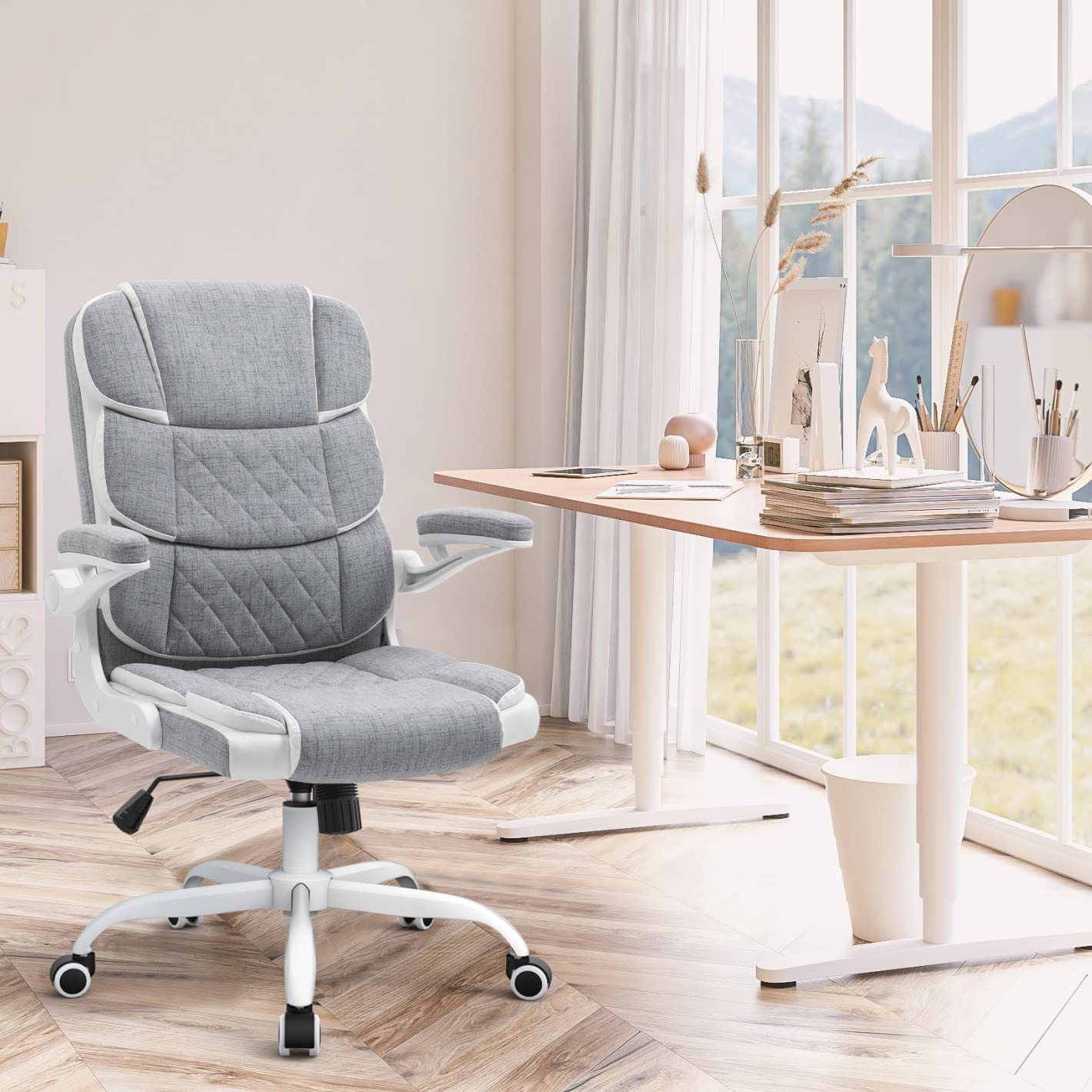 SEATZONE Home Office Desk Chairs Grey Linen Fabric Executive Office Chair with Wheels and Arms Comfortable Ergonomic Desk Chair for Adults and Teens