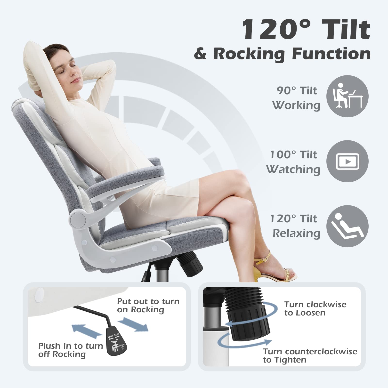 SEATZONE Home Office Desk Chairs Grey Linen Fabric Executive Office Chair with Wheels and Arms Comfortable Ergonomic Desk Chair for Adults and Teens