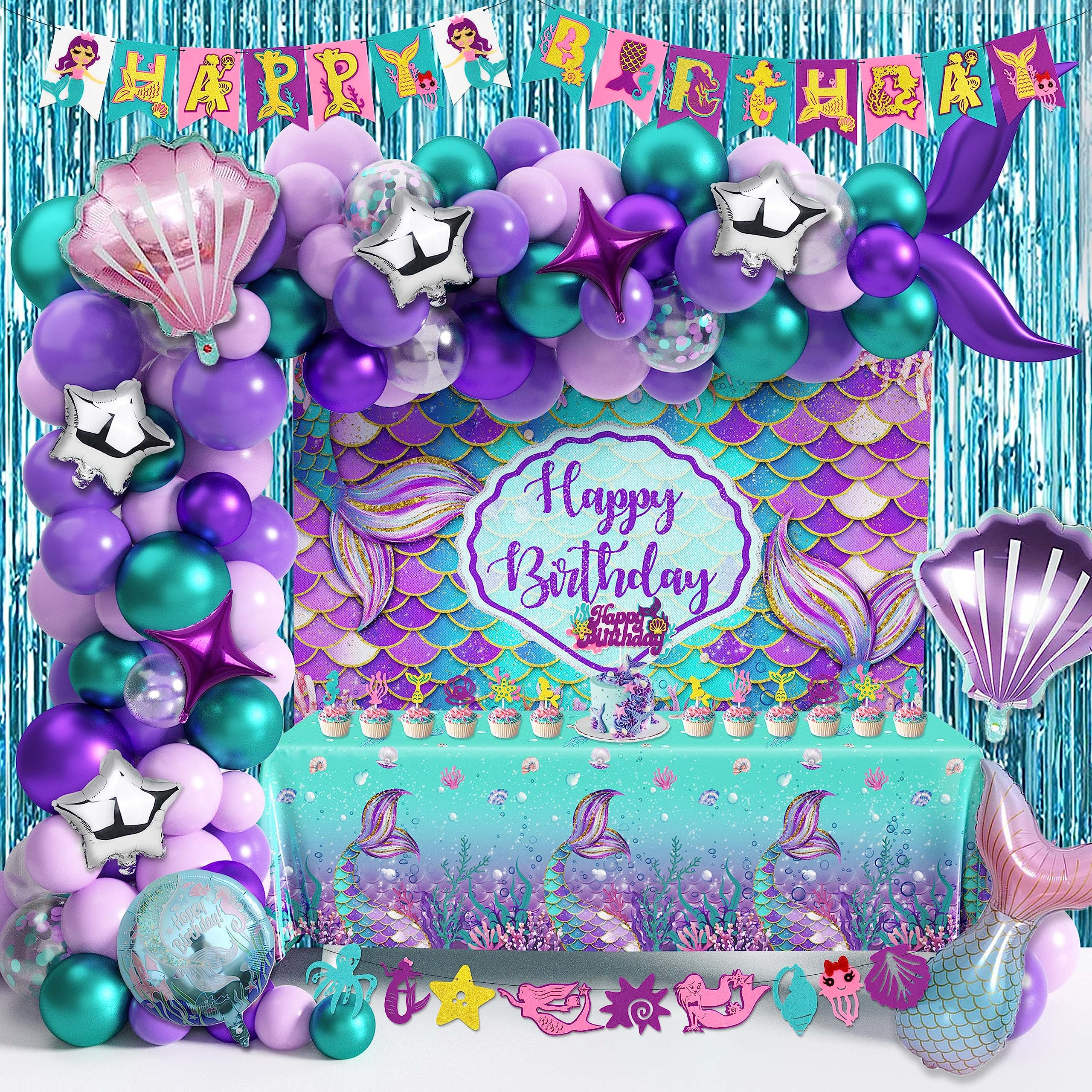 109Pcs Mermaid Theme Birthday Decorations for Girl Mermaid Party Supplies Including Tablecloth Backdrop Banners Cake Toppers Mermaid Foil Balloons and Latex Balloons Fringe Curtain Decorations Kit