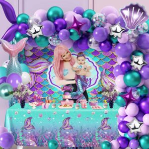 109Pcs Mermaid Theme Birthday Decorations for Girl Mermaid Party Supplies Including Tablecloth Backdrop Banners Cake Toppers Mermaid Foil Balloons and Latex Balloons Fringe Curtain Decorations Kit