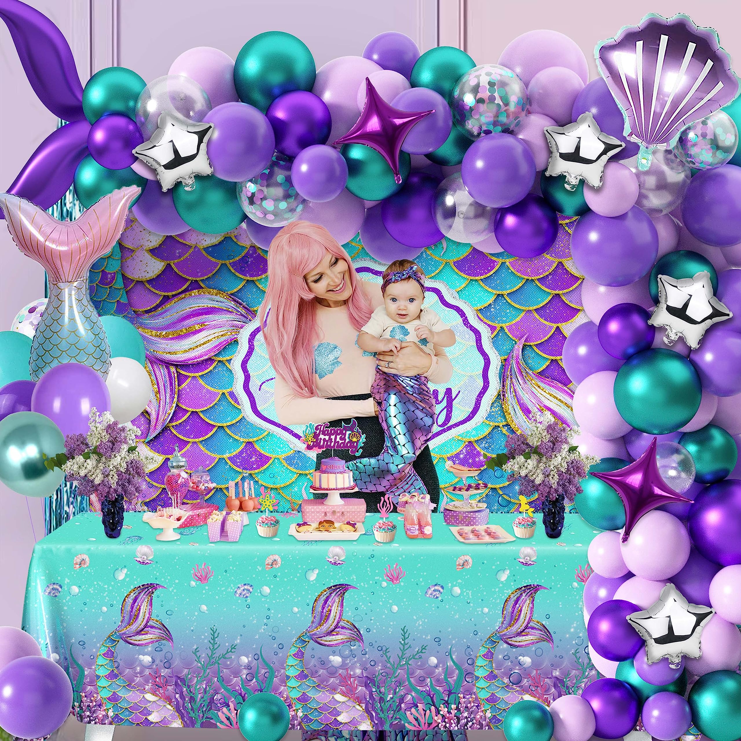 109Pcs Mermaid Theme Birthday Decorations for Girl Mermaid Party Supplies Including Tablecloth Backdrop Banners Cake Toppers Mermaid Foil Balloons and Latex Balloons Fringe Curtain Decorations Kit