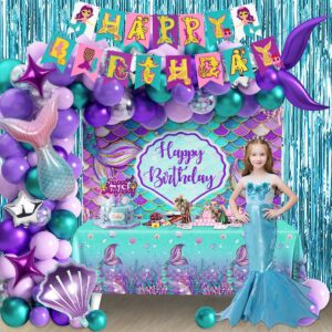 109Pcs Mermaid Theme Birthday Decorations for Girl Mermaid Party Supplies Including Tablecloth Backdrop Banners Cake Toppers Mermaid Foil Balloons and Latex Balloons Fringe Curtain Decorations Kit