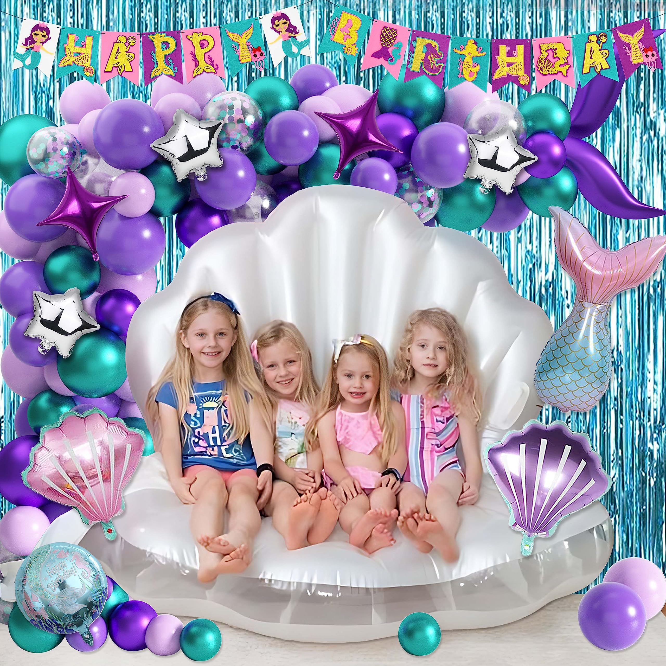 109Pcs Mermaid Theme Birthday Decorations for Girl Mermaid Party Supplies Including Tablecloth Backdrop Banners Cake Toppers Mermaid Foil Balloons and Latex Balloons Fringe Curtain Decorations Kit