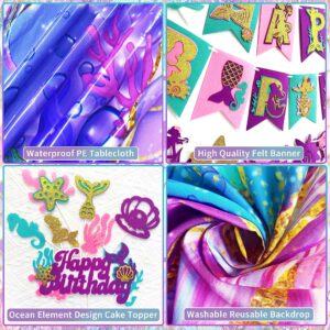 109Pcs Mermaid Theme Birthday Decorations for Girl Mermaid Party Supplies Including Tablecloth Backdrop Banners Cake Toppers Mermaid Foil Balloons and Latex Balloons Fringe Curtain Decorations Kit