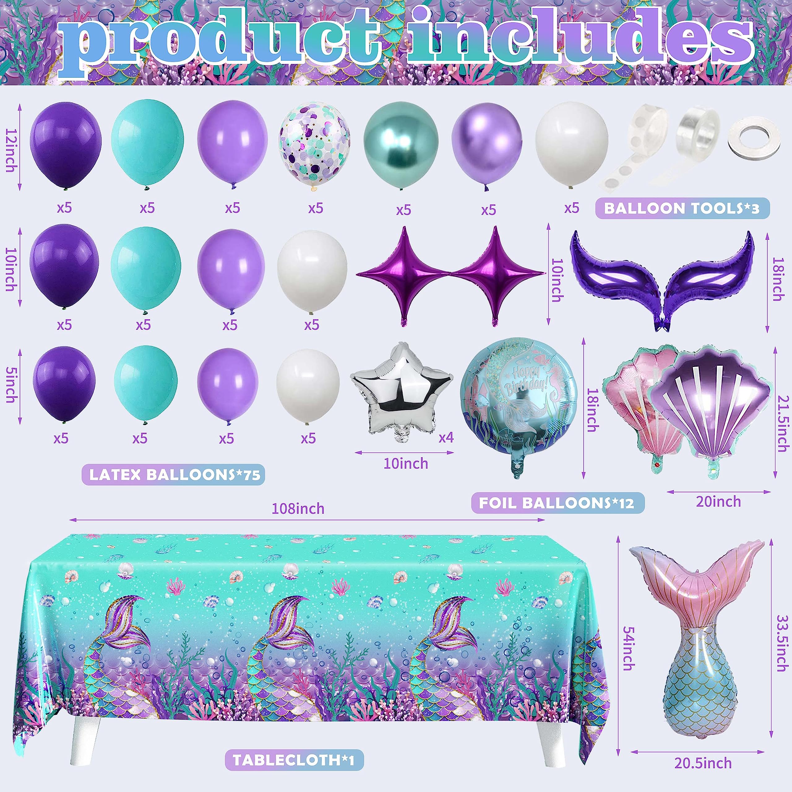 109Pcs Mermaid Theme Birthday Decorations for Girl Mermaid Party Supplies Including Tablecloth Backdrop Banners Cake Toppers Mermaid Foil Balloons and Latex Balloons Fringe Curtain Decorations Kit