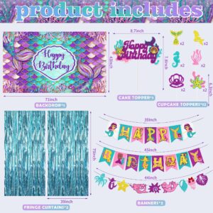 109Pcs Mermaid Theme Birthday Decorations for Girl Mermaid Party Supplies Including Tablecloth Backdrop Banners Cake Toppers Mermaid Foil Balloons and Latex Balloons Fringe Curtain Decorations Kit