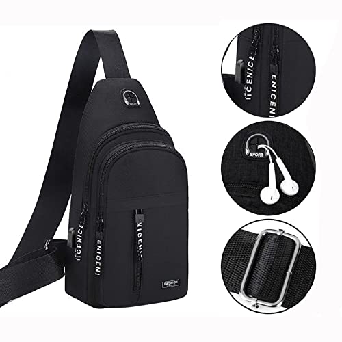 Bzdzmqm Waterproof Strap Bag Crossbody Backpack With USB Hole and Headphone Hole Sling Backpack Hiking Backpack For Men Women (Black)