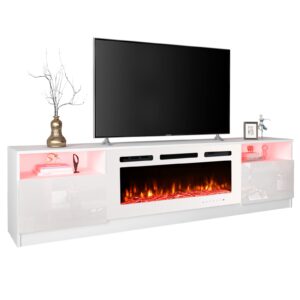 erommy 80'' fireplace tv stand with 40'' electric fireplace, entertainment center with 16 color led lights and 12 flame fireplace insert heater, tv console for tvs up to 90'' for living room, white