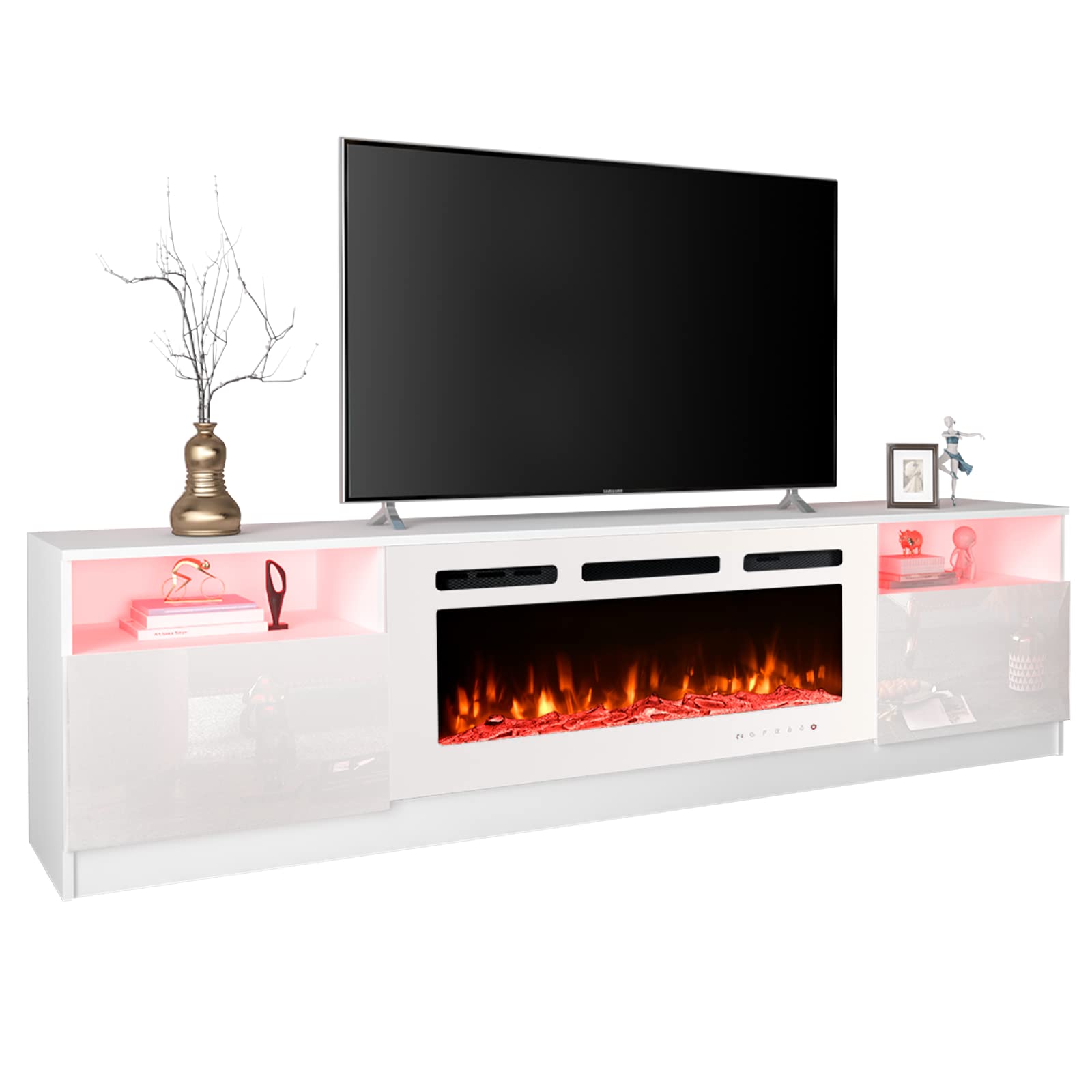 EROMMY 80'' Fireplace TV Stand with 40'' Electric Fireplace, Entertainment Center with 16 Color Led Lights and 12 Flame Fireplace Insert Heater, TV Console for TVs up to 90'' for Living Room, White