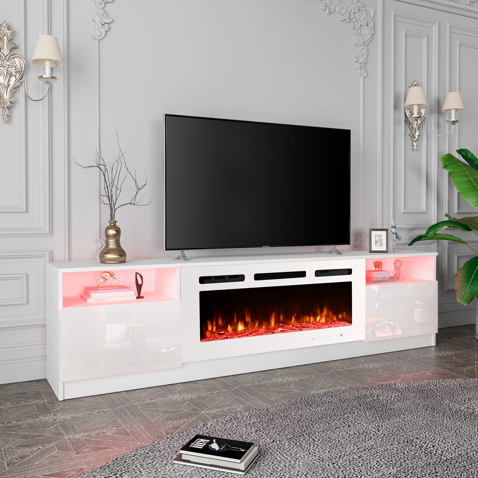 EROMMY 80'' Fireplace TV Stand with 40'' Electric Fireplace, Entertainment Center with 16 Color Led Lights and 12 Flame Fireplace Insert Heater, TV Console for TVs up to 90'' for Living Room, White