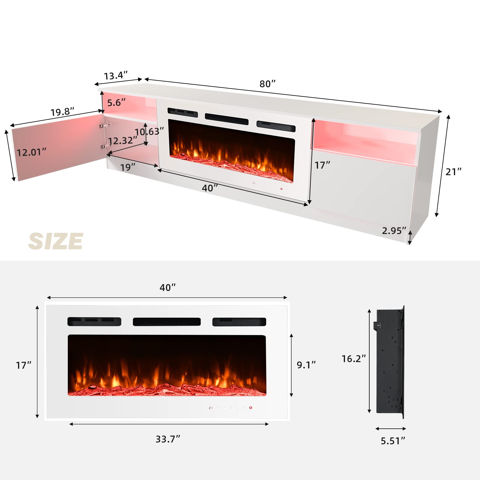 EROMMY 80'' Fireplace TV Stand with 40'' Electric Fireplace, Entertainment Center with 16 Color Led Lights and 12 Flame Fireplace Insert Heater, TV Console for TVs up to 90'' for Living Room, White