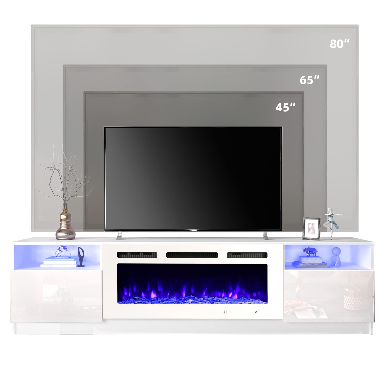 EROMMY 80'' Fireplace TV Stand with 40'' Electric Fireplace, Entertainment Center with 16 Color Led Lights and 12 Flame Fireplace Insert Heater, TV Console for TVs up to 90'' for Living Room, White