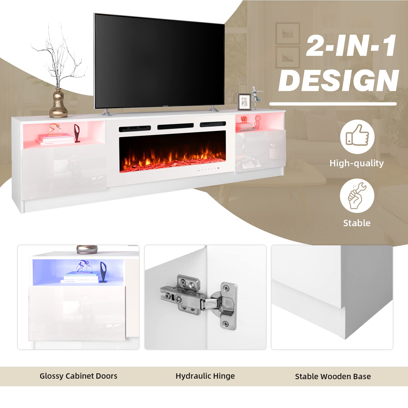 EROMMY 80'' Fireplace TV Stand with 40'' Electric Fireplace, Entertainment Center with 16 Color Led Lights and 12 Flame Fireplace Insert Heater, TV Console for TVs up to 90'' for Living Room, White