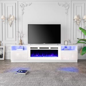 EROMMY 80'' Fireplace TV Stand with 40'' Electric Fireplace, Entertainment Center with 16 Color Led Lights and 12 Flame Fireplace Insert Heater, TV Console for TVs up to 90'' for Living Room, White