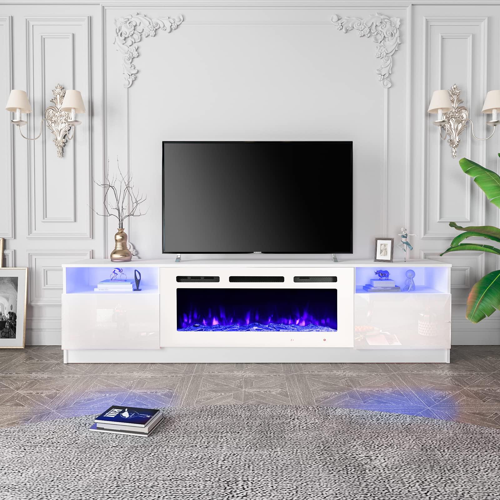 EROMMY 80'' Fireplace TV Stand with 40'' Electric Fireplace, Entertainment Center with 16 Color Led Lights and 12 Flame Fireplace Insert Heater, TV Console for TVs up to 90'' for Living Room, White