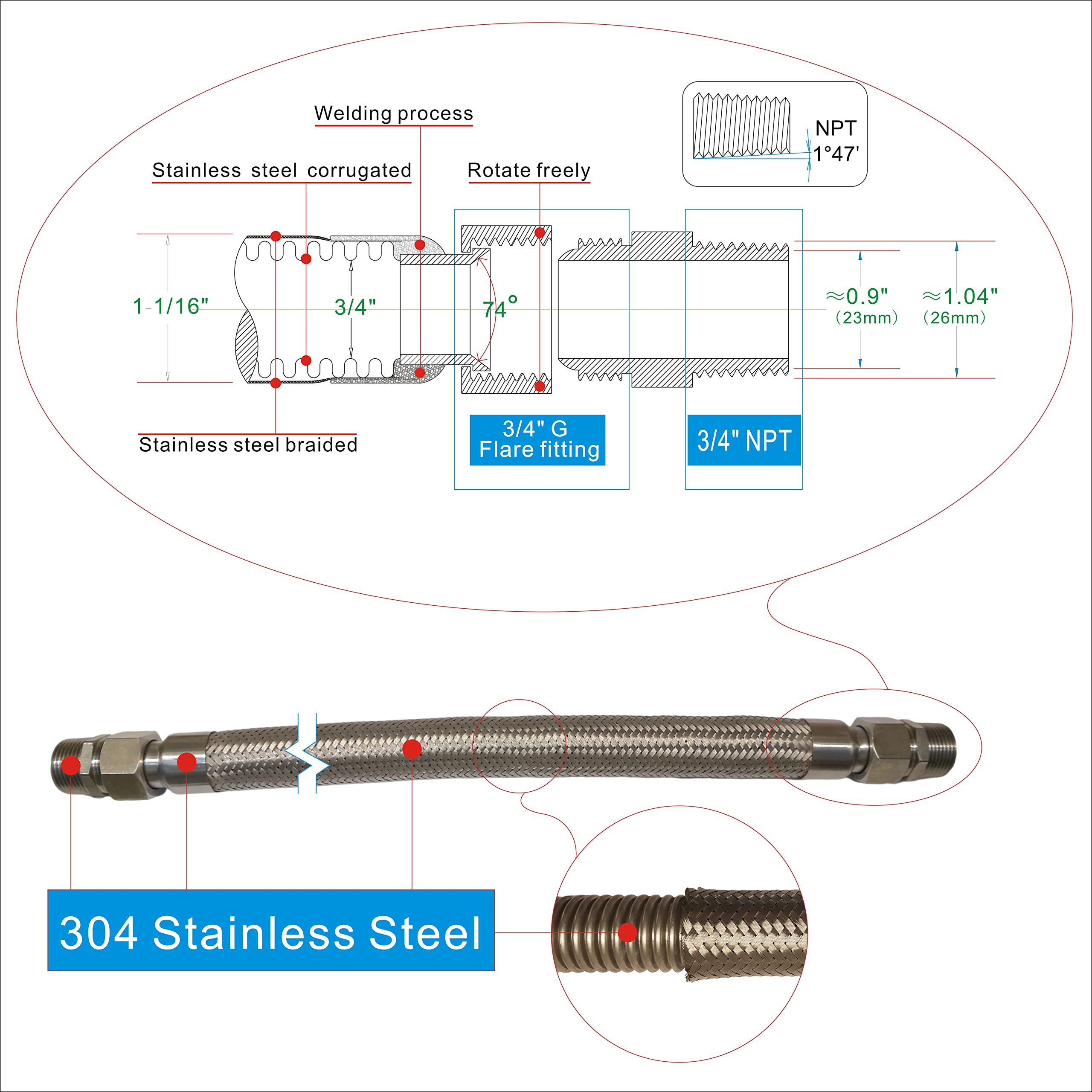 Industrial Grade Compressor Jumper Hose, 3/4" NPT Male x 48" Length, 750°F，450 PSI，Both Sides Fittings Rotate Freely，Flexible Whole body Stainless Steel Metal Hose