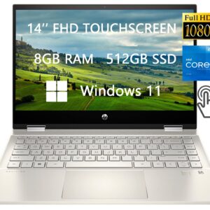 HP Pavilion 14 FHD Spin 2-in-1 Convertible Touchscreen Laptop, 2023 Newest Upgrade, Intel Core i5-1135G7, 8GB RAM, 512GB SSD, HDMI, FP Reader, Wins 11, School & Business Ready, ROKC HDMI Cable, Gold