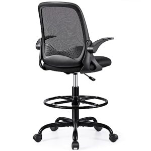 KERDOM Drafting Chair Tall Office Chair Ergonomic Computer Standing Desk Chair Swivel Work Chair with Flip-up Armrests and Adjustable Footrest Ring (933Z Black)