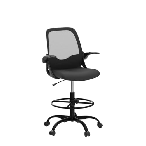 KERDOM Drafting Chair Tall Office Chair Ergonomic Computer Standing Desk Chair Swivel Work Chair with Flip-up Armrests and Adjustable Footrest Ring (933Z Black)