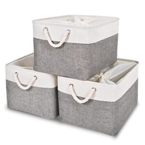 hodo home fabric storage bin with drawstring closure and 2 bold handles, collapsible large canvas storage baskets for organizing shelf nursery home closet (white&grey, 15.8l×11.8w×9.5h - 3pack)