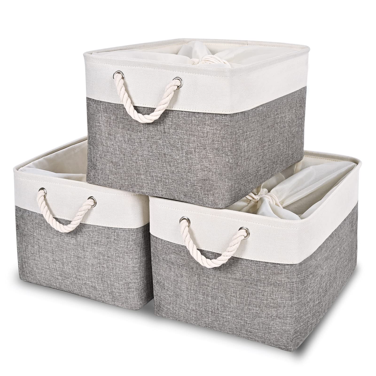 HOdo Home Fabric Storage Bin with Drawstring Closure and 2 Bold Handles, Collapsible Large Canvas Storage Baskets for Organizing Shelf Nursery Home Closet (White&Grey, 15.8L×11.8W×9.5H - 3Pack)