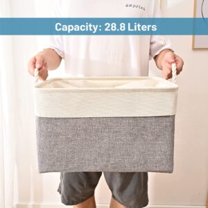 HOdo Home Fabric Storage Bin with Drawstring Closure and 2 Bold Handles, Collapsible Large Canvas Storage Baskets for Organizing Shelf Nursery Home Closet (White&Grey, 15.8L×11.8W×9.5H - 3Pack)