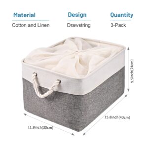 HOdo Home Fabric Storage Bin with Drawstring Closure and 2 Bold Handles, Collapsible Large Canvas Storage Baskets for Organizing Shelf Nursery Home Closet (White&Grey, 15.8L×11.8W×9.5H - 3Pack)