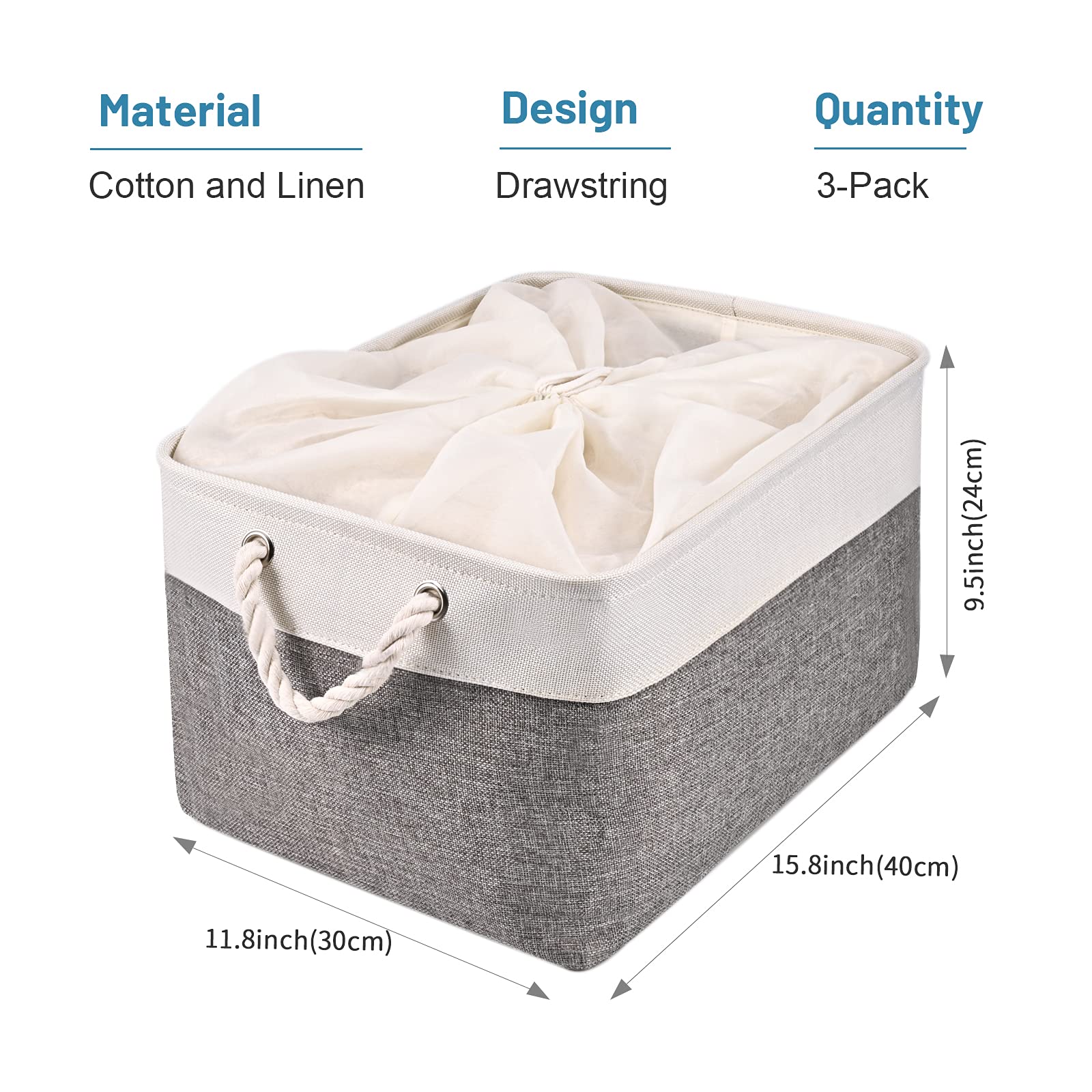 HOdo Home Fabric Storage Bin with Drawstring Closure and 2 Bold Handles, Collapsible Large Canvas Storage Baskets for Organizing Shelf Nursery Home Closet (White&Grey, 15.8L×11.8W×9.5H - 3Pack)