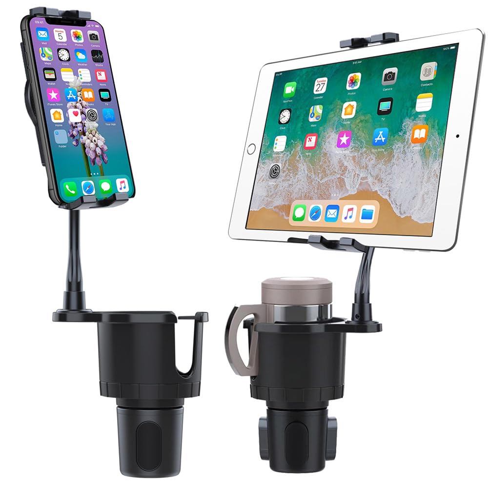 OOLYCIO 2 in 1 Cup Holder Expander Phone Mount for Car, Black, Compatible with iPhone, Samsung, iPad, Tablet, Smartphone