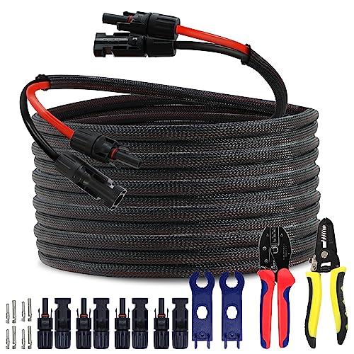 Feotech Twin Wire 50FT Solar Extension Cable - 10AWG (6mm²) Solar Panel Connector, with 6 Pairs-IP67-Male/Female Solar connectors for Outdoor Automotive RV Boat Marine Solar Panel- Black & Red