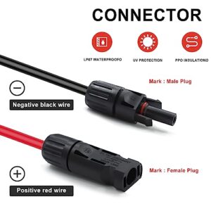 Feotech Twin Wire 50FT Solar Extension Cable - 10AWG (6mm²) Solar Panel Connector, with 6 Pairs-IP67-Male/Female Solar connectors for Outdoor Automotive RV Boat Marine Solar Panel- Black & Red