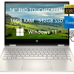 HP Pavilion 14 FHD Spin 2-in-1 Convertible Touchscreen Laptop, 2023 Newest Upgrade, Intel Core i5-1135G7, 16GB RAM, 512GB SSD, HDMI, FP Reader, Wins 11, School & Business Ready, ROKC HDMI Cable, Gold